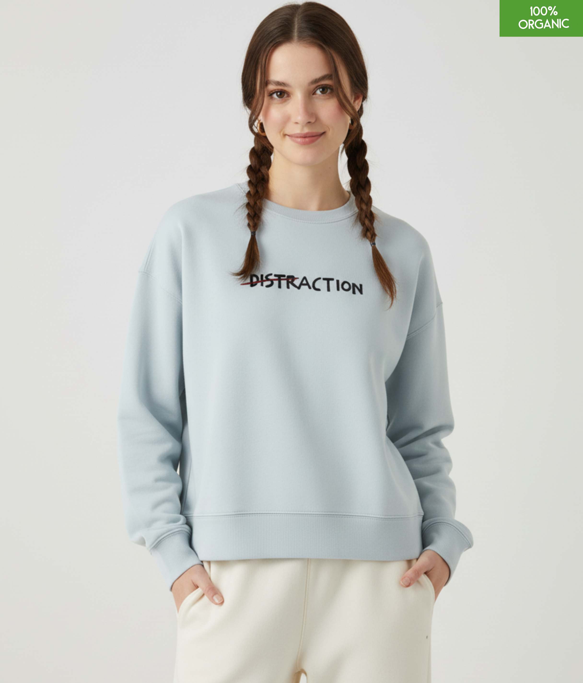 "DISTRACTION". The women's crew neck sweatshirt | Blue Ice | Medium fit | 300gsm