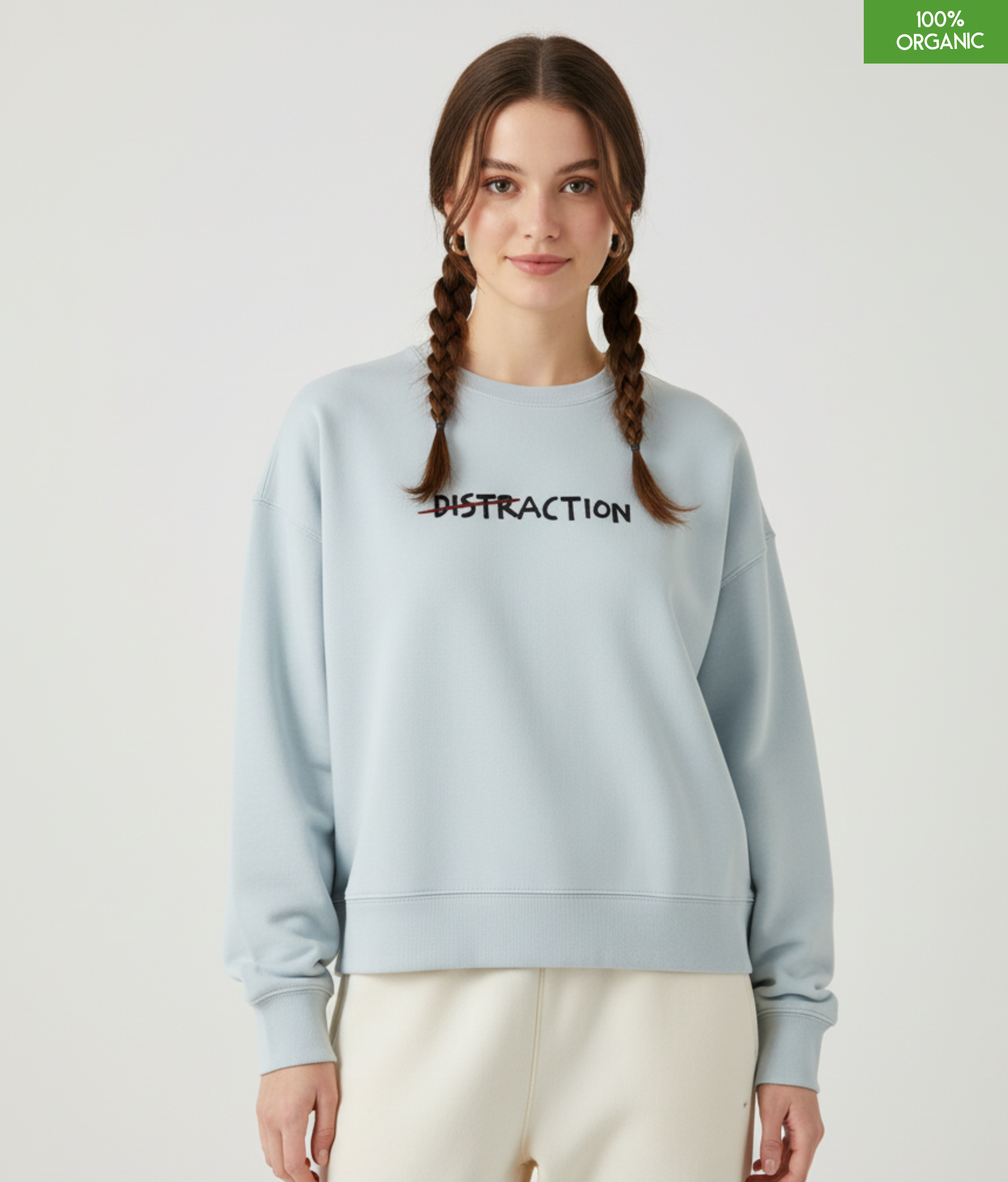 "DISTRACTION". The women's crew neck sweatshirt | Blue Ice | Medium fit | 300gsm