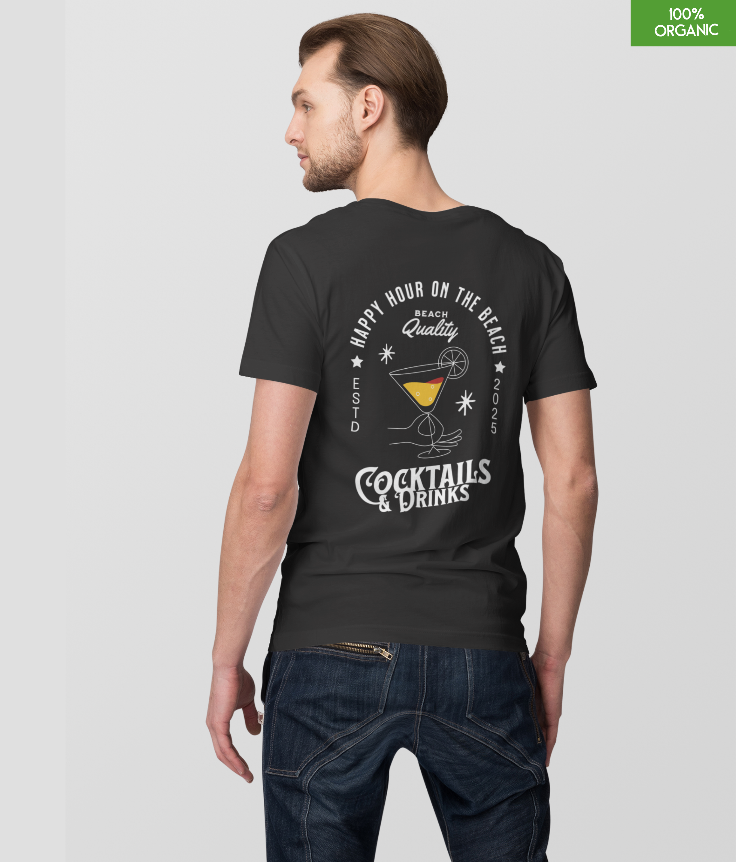 “Happy Hour on the beach-Cocktails & Drinks”   Organic cotton Black T-Shirt  l  Relaxed Fit, Heavy Weight, 240 GSM
