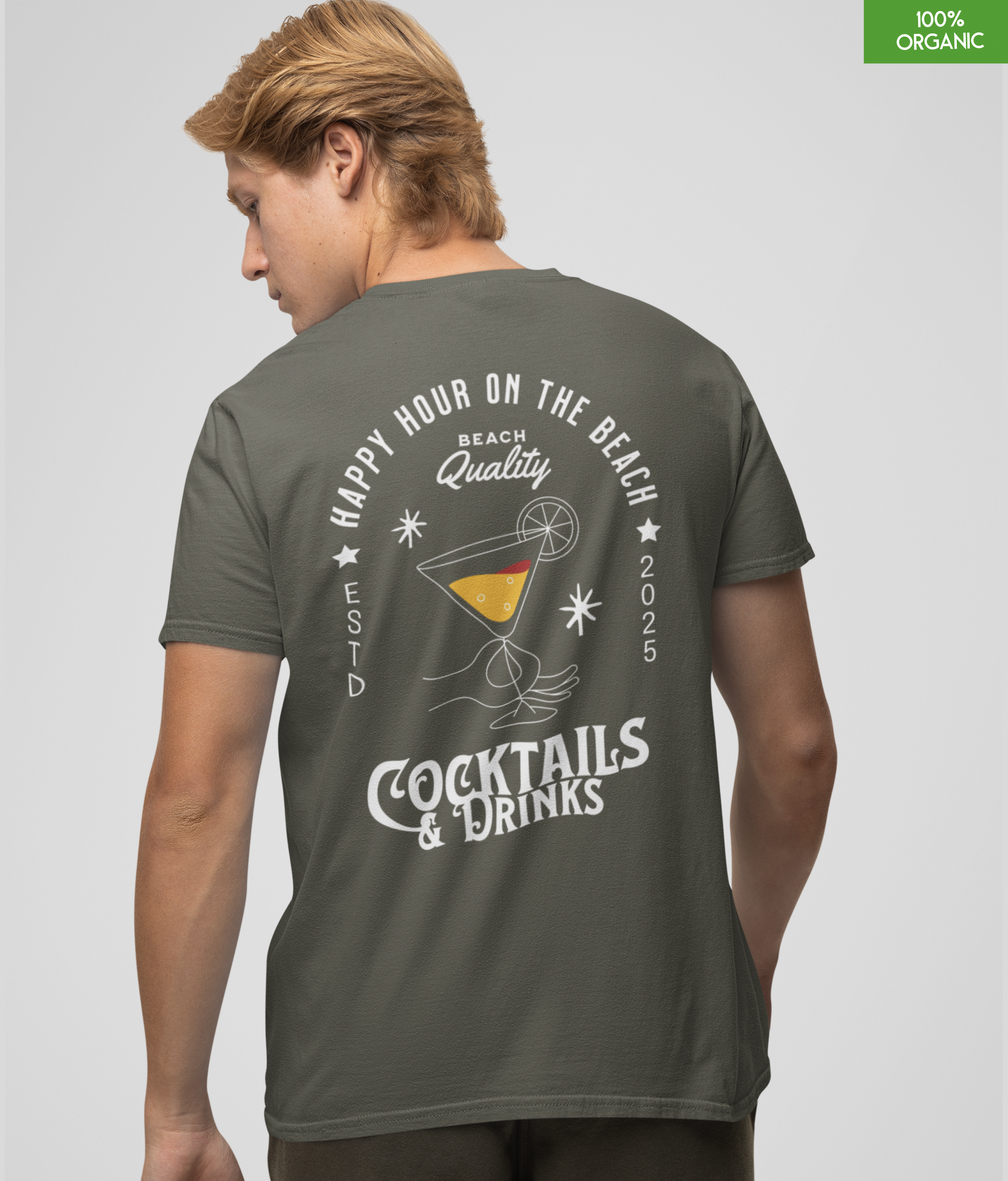 “Happy Hour on the beach-Cocktails & Drinks”  Organic cotton T-Shirt  l  Khaki  l  Medium Fit, Mid Weight