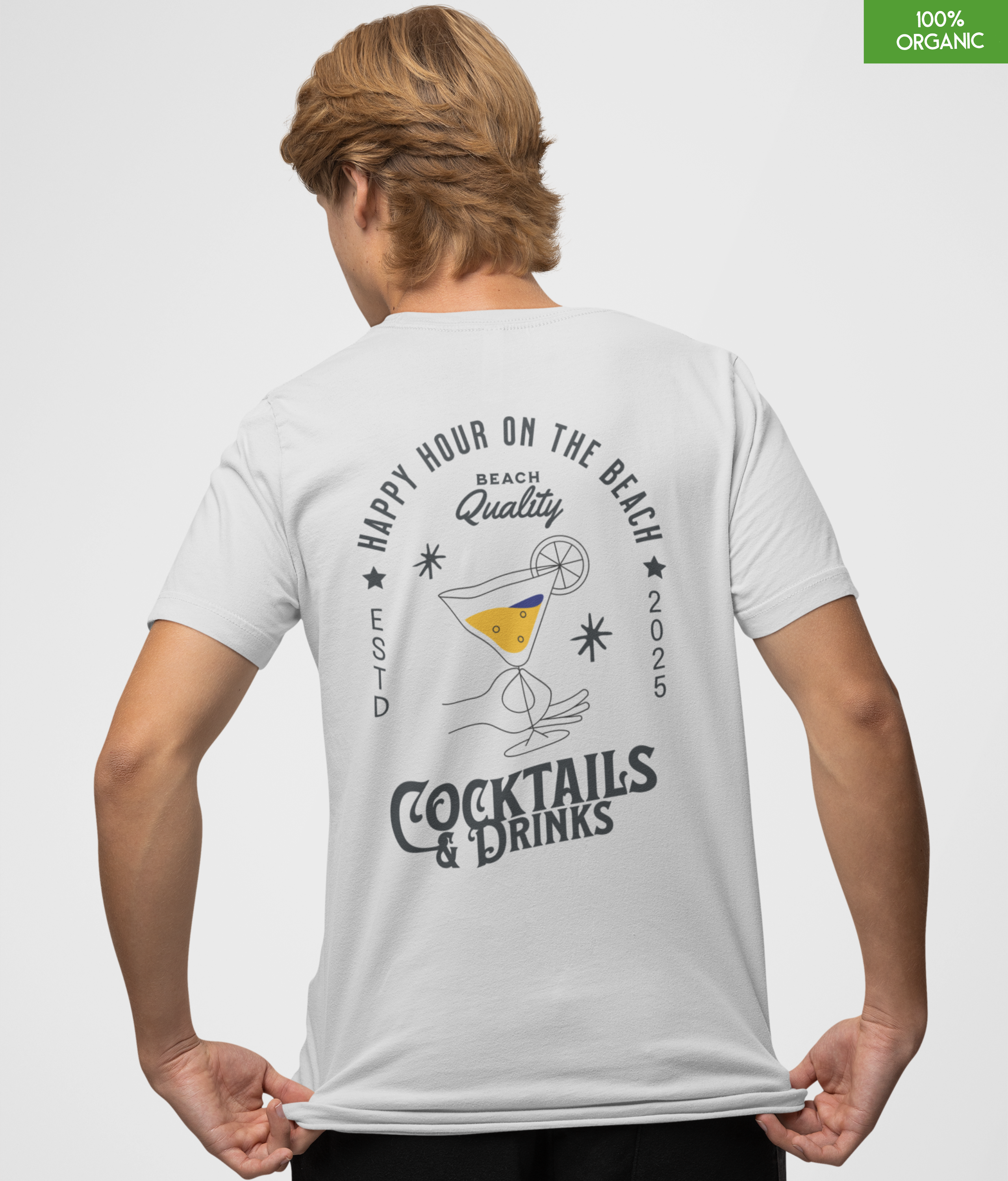 “Happy Hour on the beach-Cocktails & Drinks”  Organic cotton T-Shirt  l White l  Medium Fit, Mid Weight