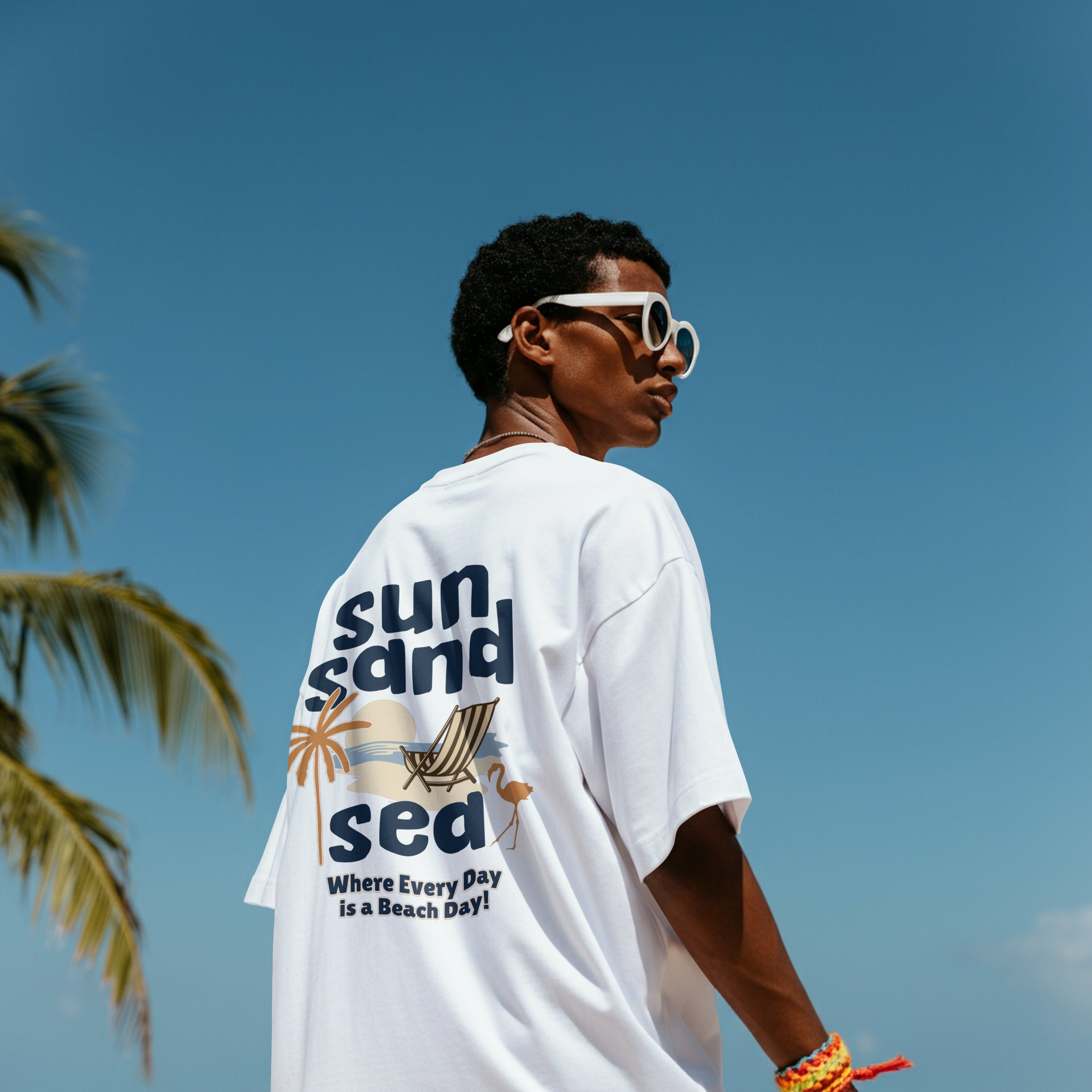 Oversized“Sun Sand Sea” Beach Day Graphic Organic Cotton T-Shirt