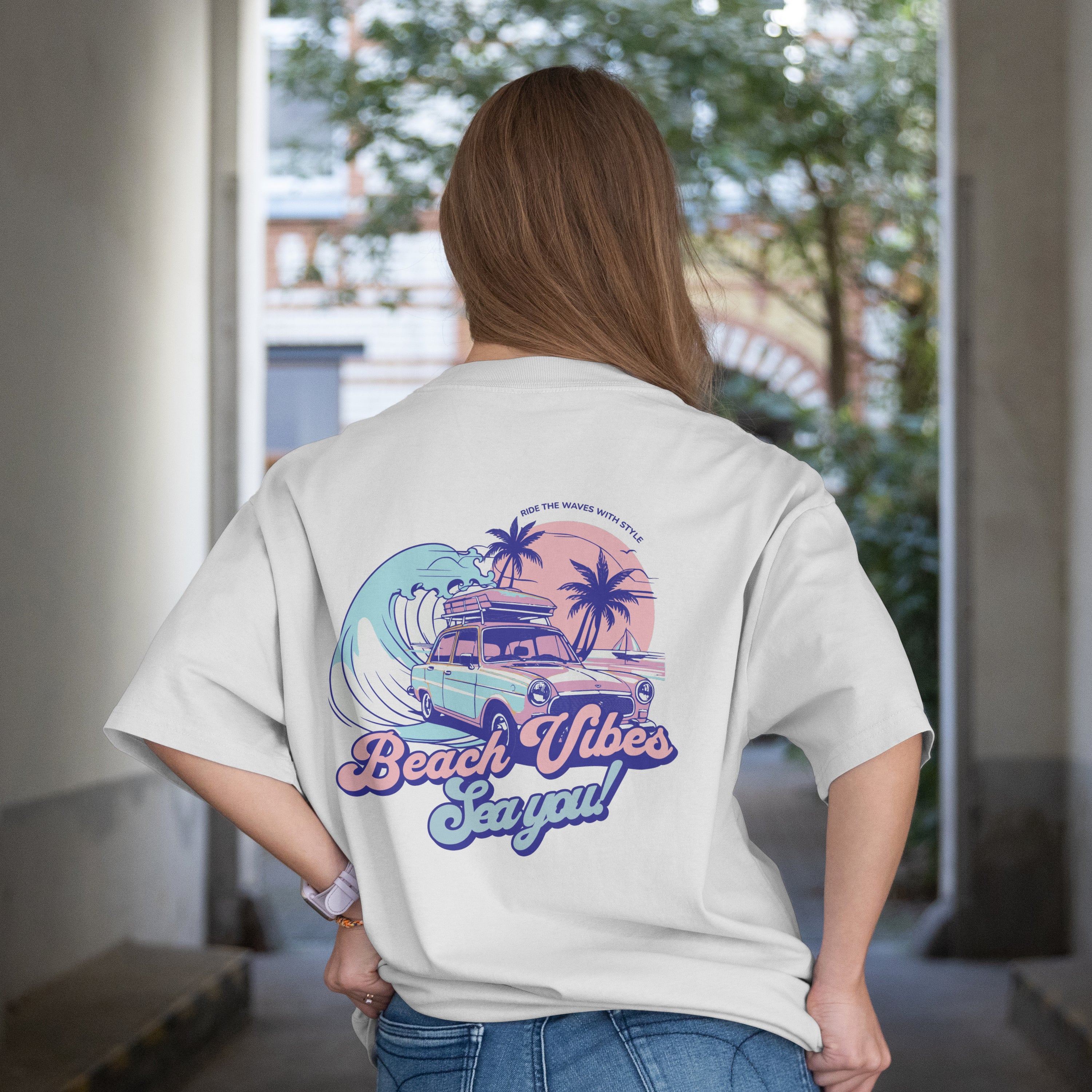 “Beach Vibes Sea You!” Retro Surf Car Oversized T-Shirt
