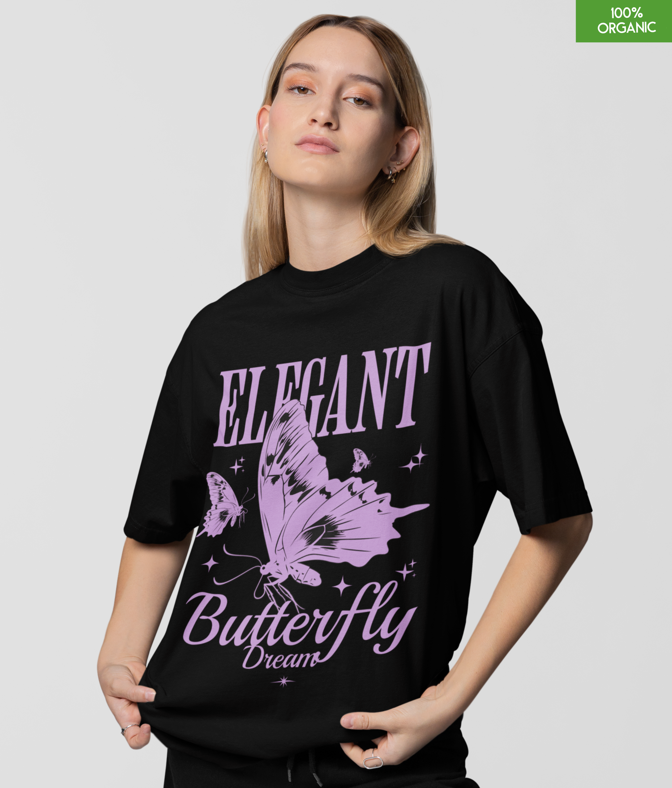 Elegant Butterfly Dream Oversized T-Shirt – Pastel Purple Graphic Tee – Soft 100% Organic Cotton Streetwear