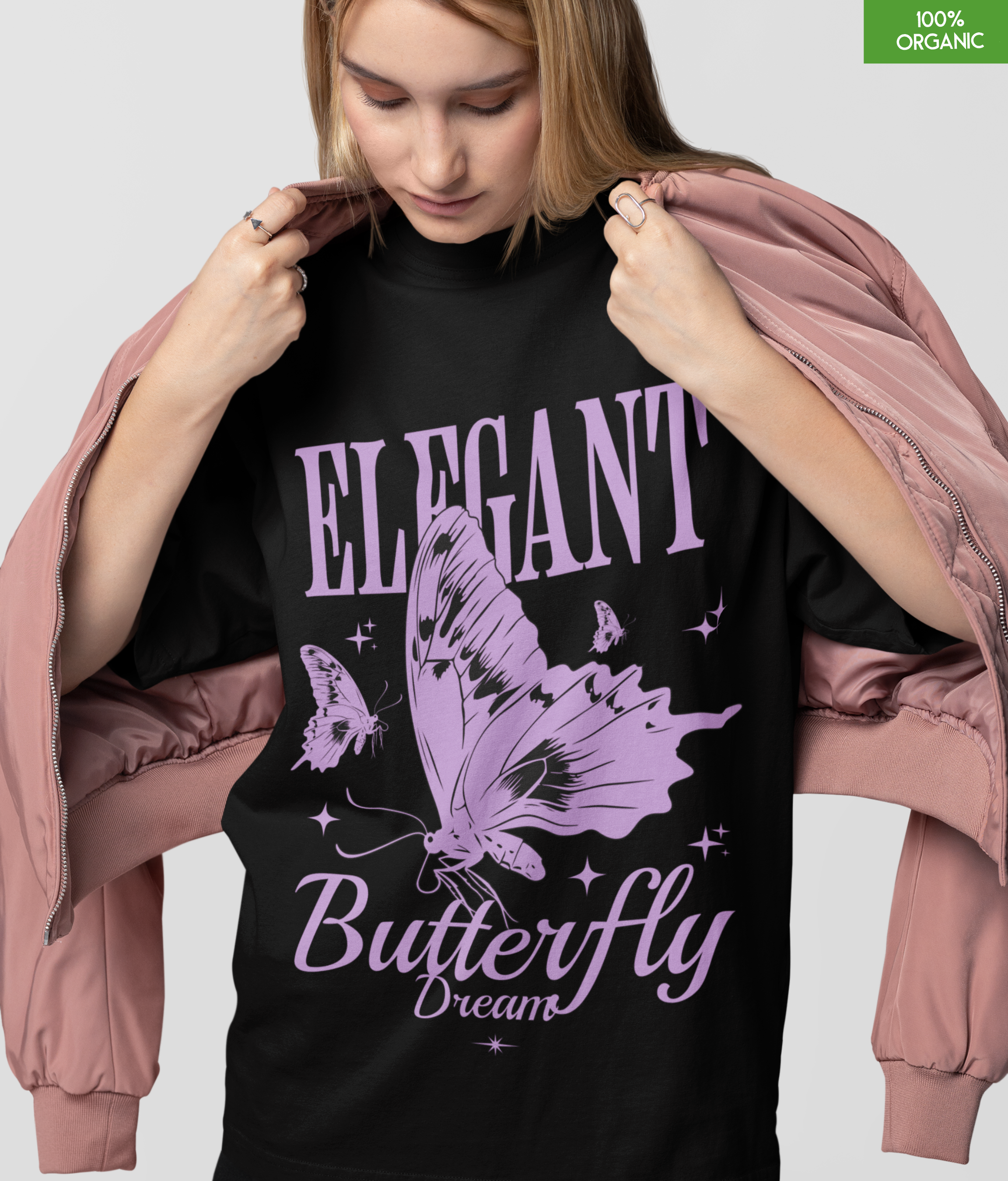 Elegant Butterfly Dream Oversized T-Shirt – Pastel Purple Graphic Tee – Soft 100% Organic Cotton Streetwear