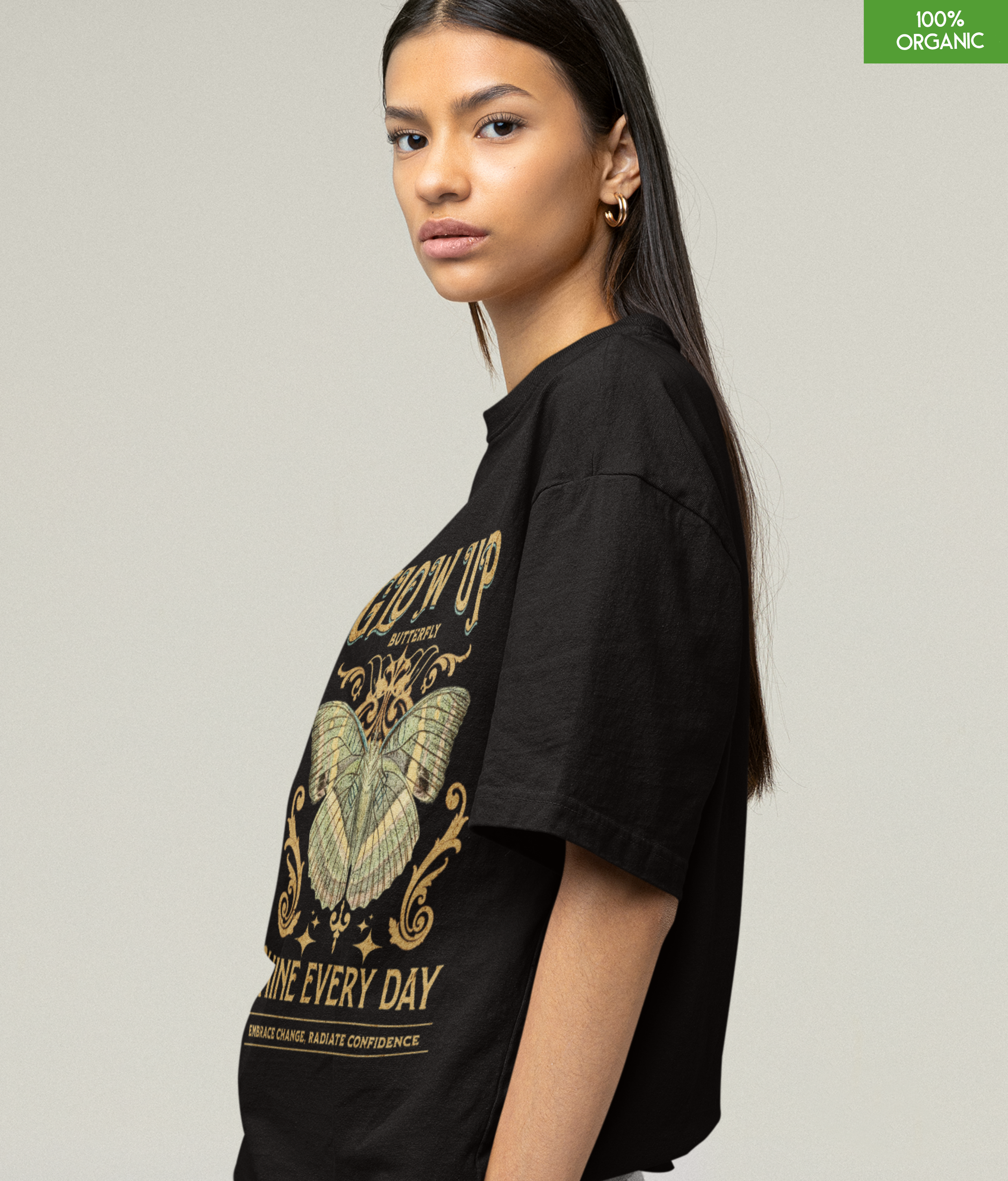 Glow Up Butterfly Oversized T-Shirt – Inspirational Graphic Tee – Embrace Change & Shine Every Day – 100% Organic Cotton