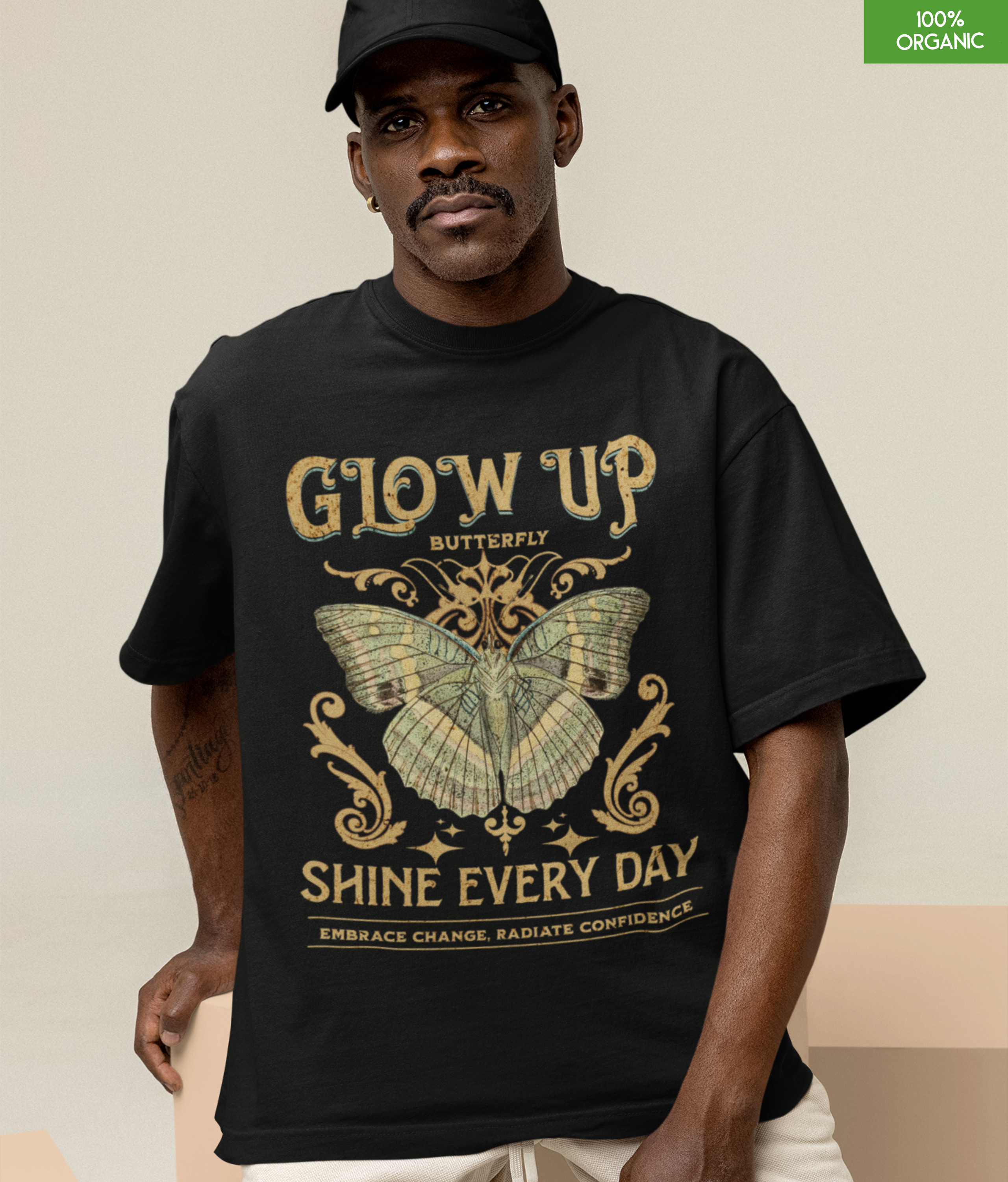 Glow Up Butterfly Oversized T-Shirt – Inspirational Graphic Tee – Embrace Change & Shine Every Day – 100% Organic Cotton