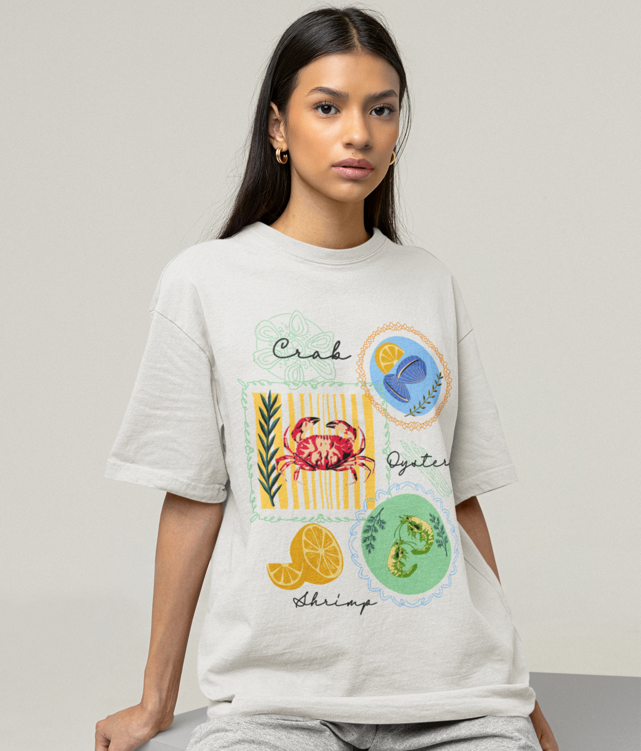 Organic Oversized T-Shirt with Seafood Illustration – Crab, Shrimp & Oyster Graphic Tee – 100% Organic Cotton